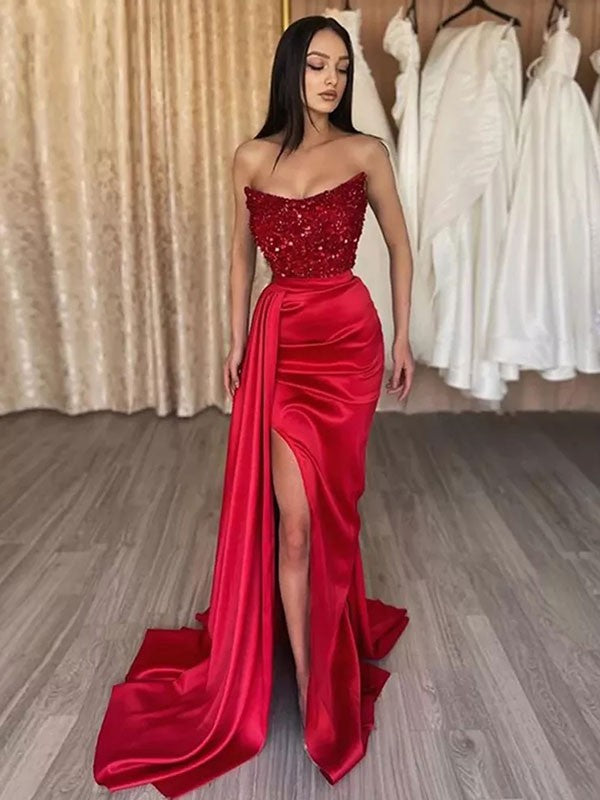 Wholesale Sheath/Column Elastic Woven Satin Sequin Strapless Sleeveless Sweep/Brush Train Dresses